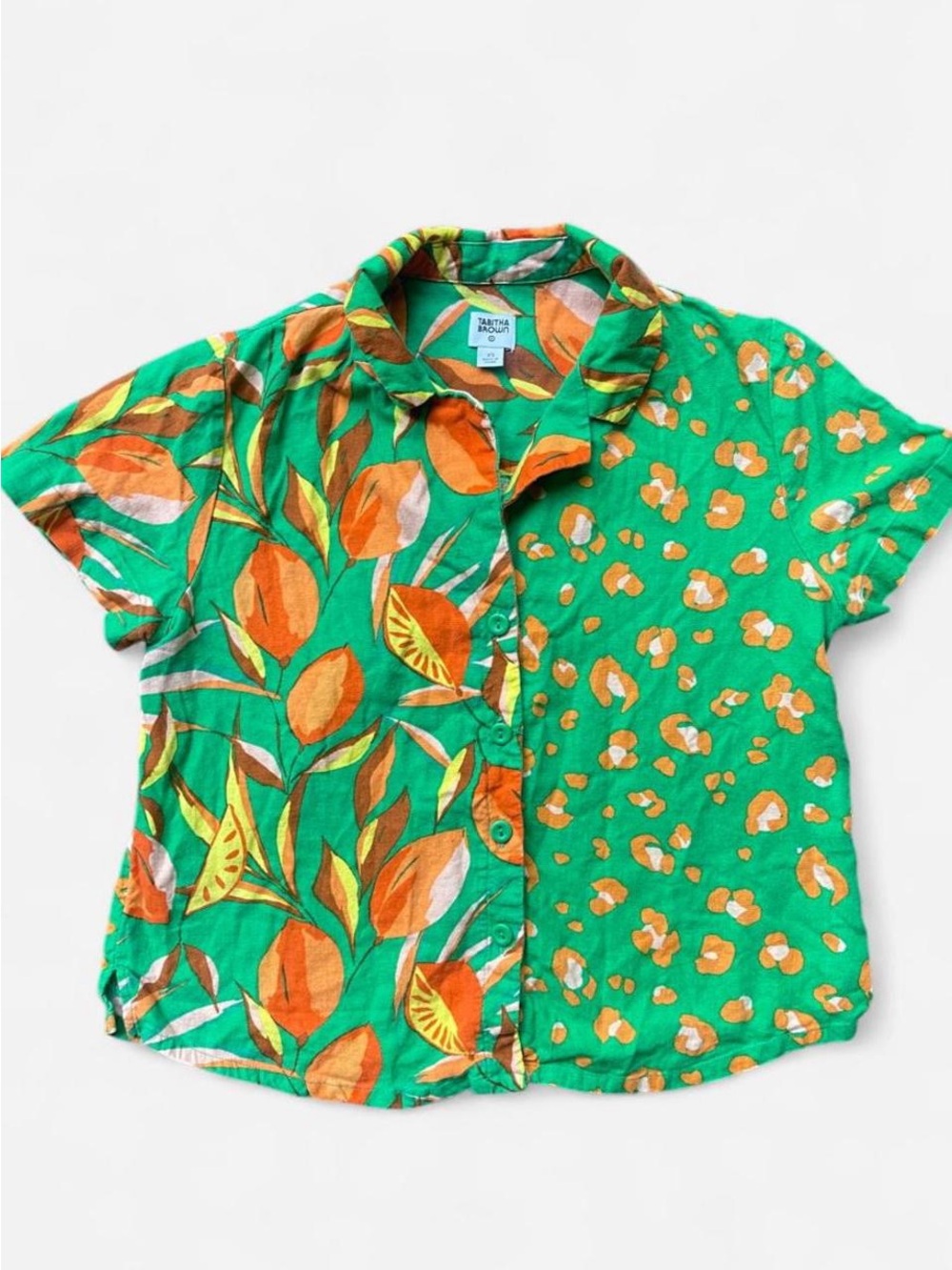 Tabitha Brown Target Linen Blend Button Up Top Green Citrus Botanical Sz XS